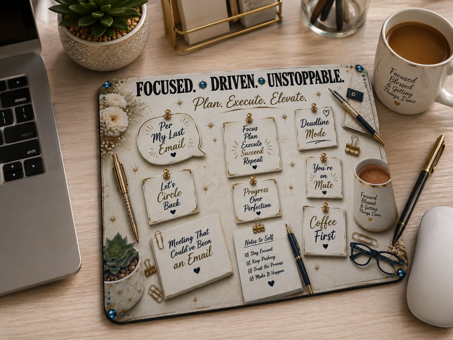 Focused. Driven. Unstoppable. Mouse Pad - Elegant Neutral Productivity Collection