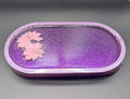 Purple galaxy resin tray with holographic glitter and pressed pink flowers