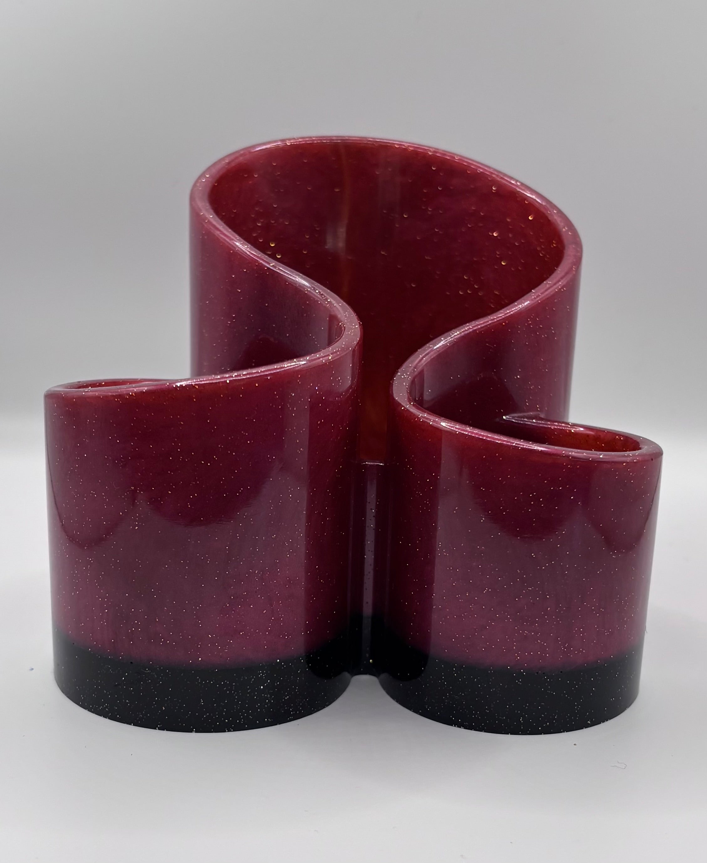 Wavy burgundy and black glitter resin desk organizer with three compartments